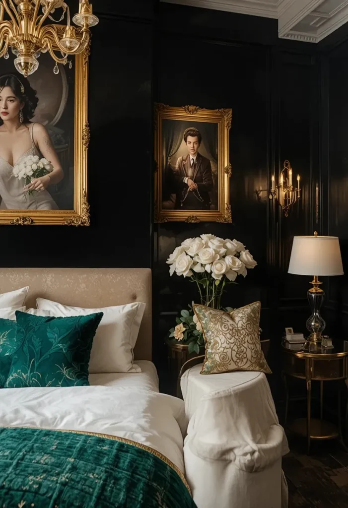 Black accent wall with gold decor accents and luxurious jewel-toned bedding.