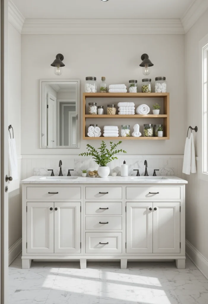 Bathroom cabinet with open shelving displaying towels, plants, and decorative storage.