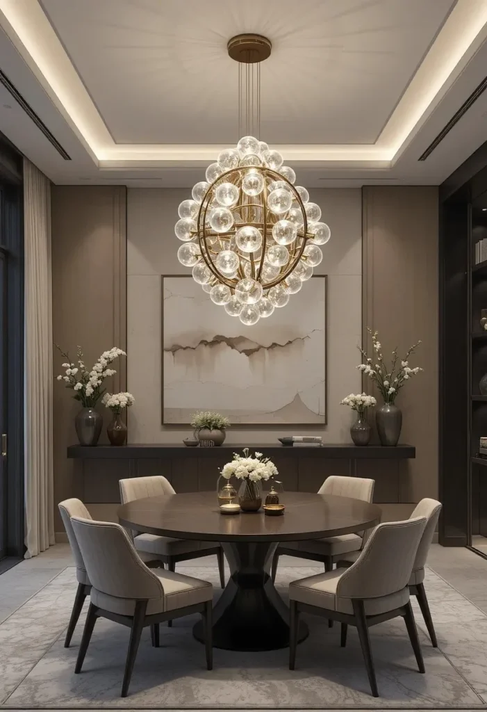 Glass globe cluster chandelier creating an artistic focal point in a dining room.
