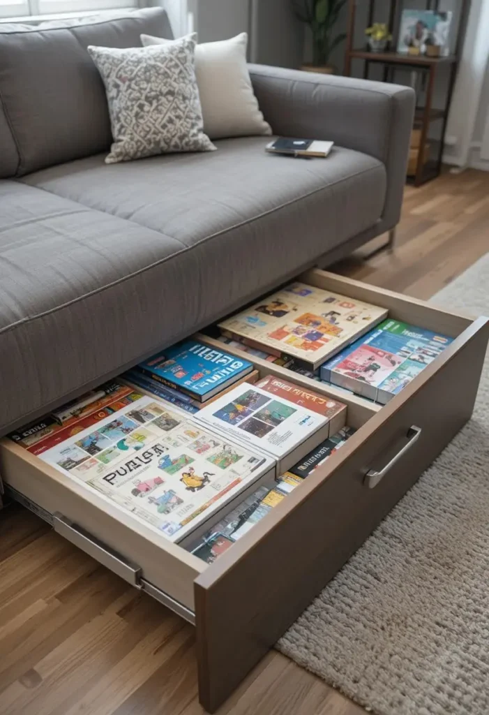 Rolling drawers under a sofa providing hidden toy storage for puzzles and games.