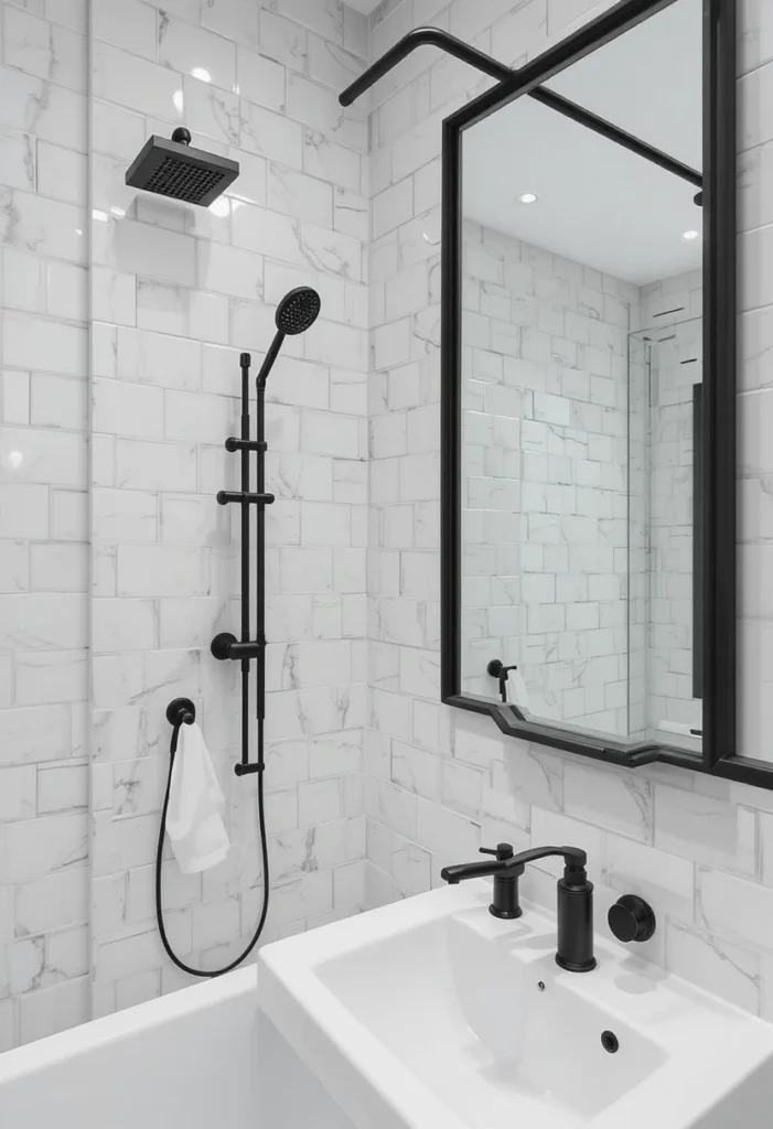 White bathroom with bold black fixtures and modern contrast