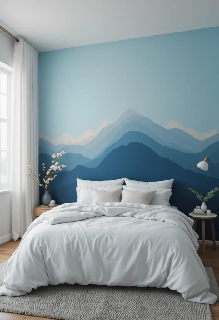 Bedroom with a blue ombre wall fading from dark navy to light sky blue