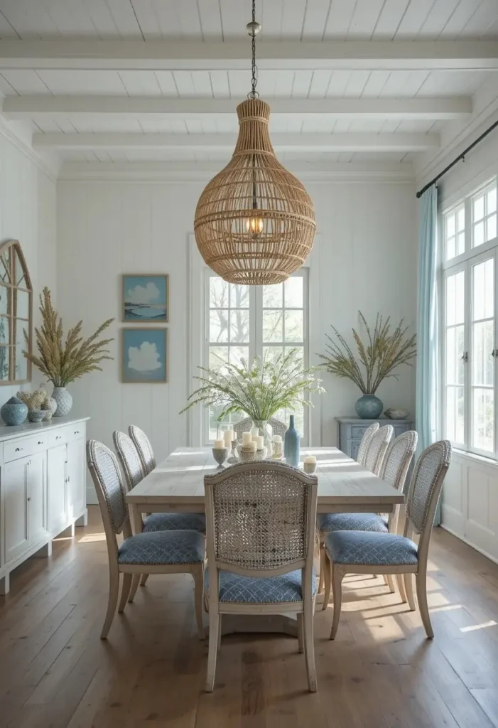 Seagrass chandelier bringing coastal charm to a bright dining room.