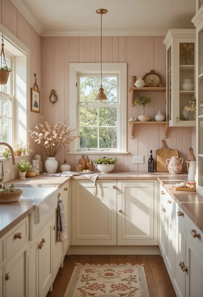 Blush pink beadboard backsplash with cream cabinets and copper accents in a cottage kitchen.