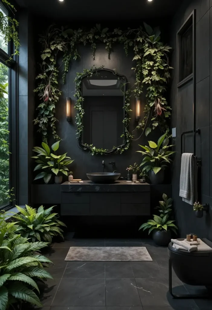 Black bathroom enhanced with lush green plants and spa-inspired decor.
