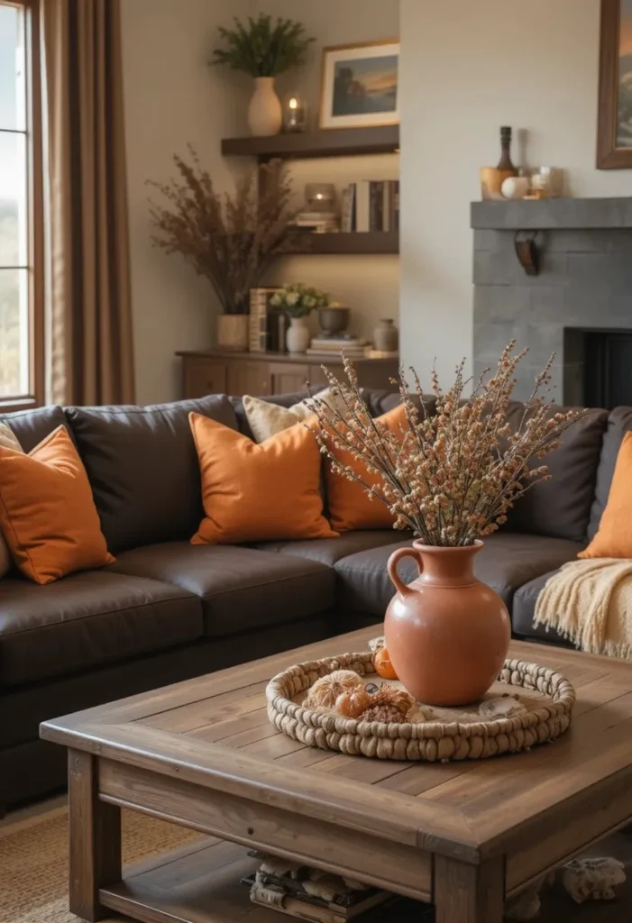 Brown sofa decorated with burnt orange accents and earthy decor.