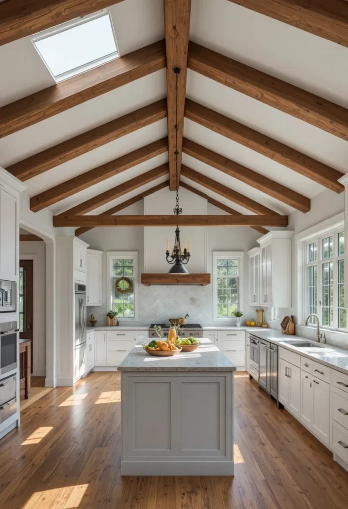 Kitchen with exposed wooden ceiling beams adding rustic warmth and character.