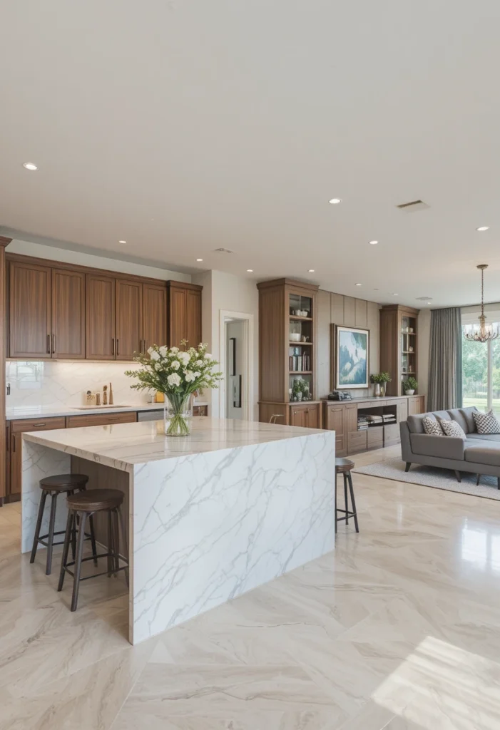Kitchen island serving as a divider between cooking and living spaces.
