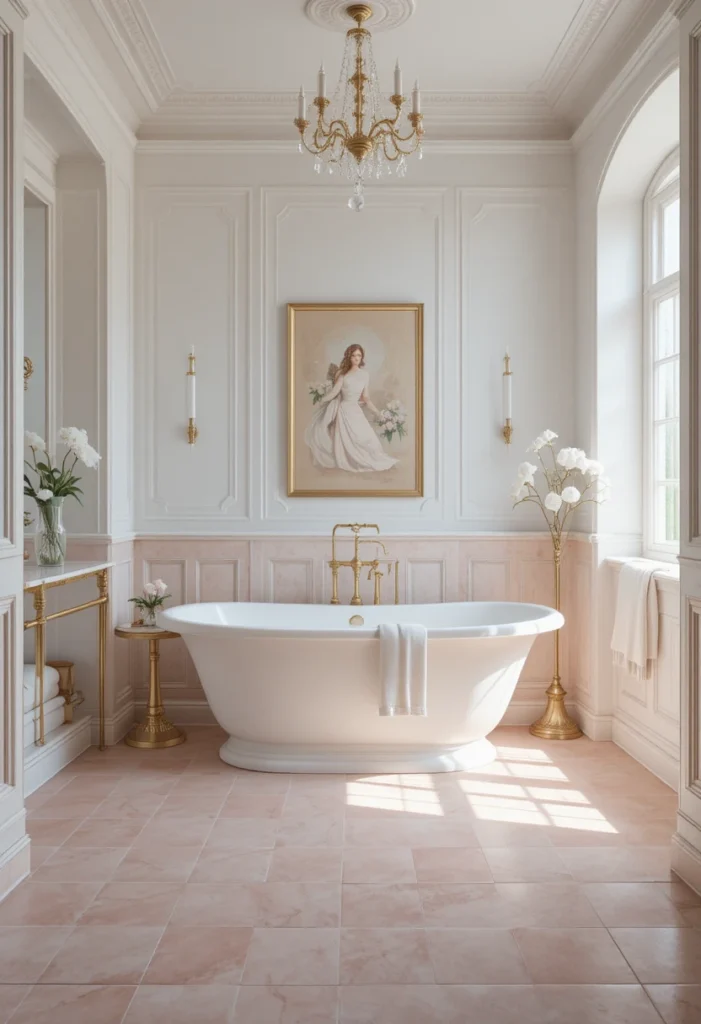 Dusty blush pink bathroom floor tiles creating a soft elegant look.