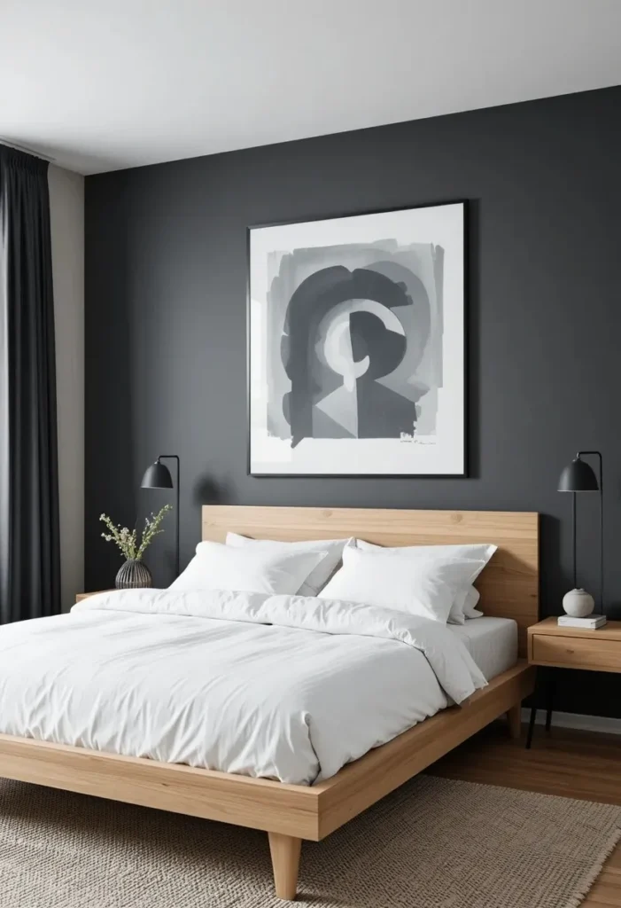 Minimal Scandinavian bedroom featuring dark gray walls and natural wood accents.