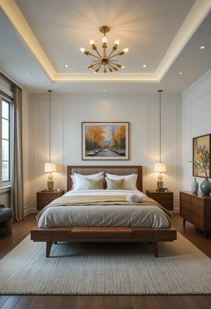 Sputnik pendant light creating a sculptural focal point in a mid century bedroom.