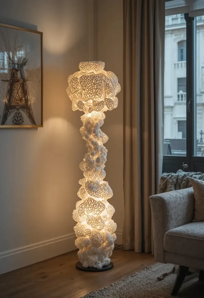 Handmade paper shade floor lamp serving as an artistic statement piece.