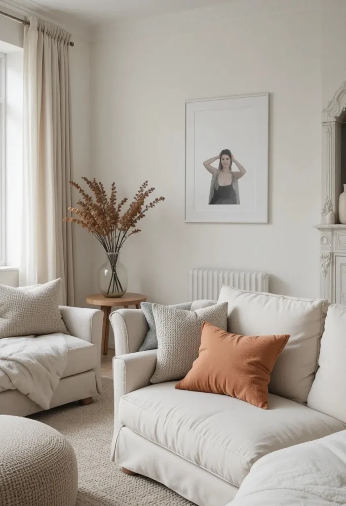 Neutral Scandinavian living room accented with warm terracotta details.