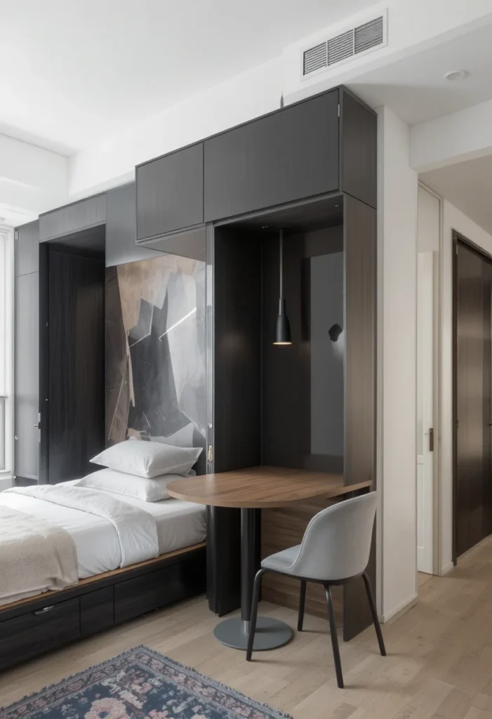 Murphy bed cabinet incorporating a fold-out dining table for studio living.