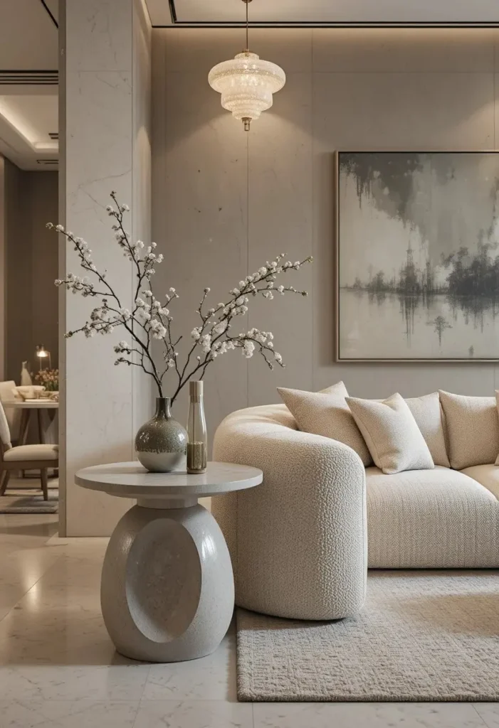 Concrete side table bringing modern architectural style to a contemporary living room.