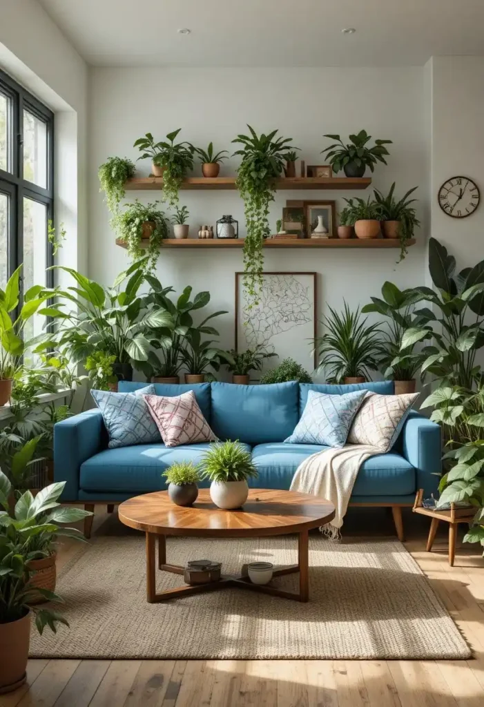 Blue couch surrounded by indoor plants creating a fresh biophilic living room.