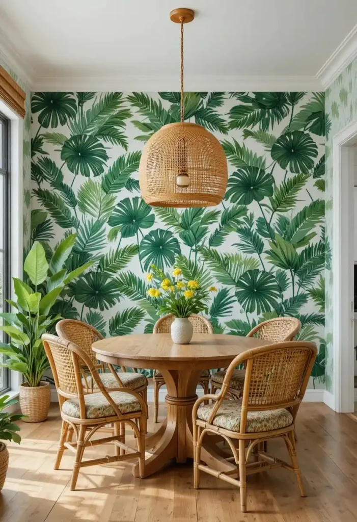 Dining room with tropical palm print wallpaper and relaxed resort-style decor.