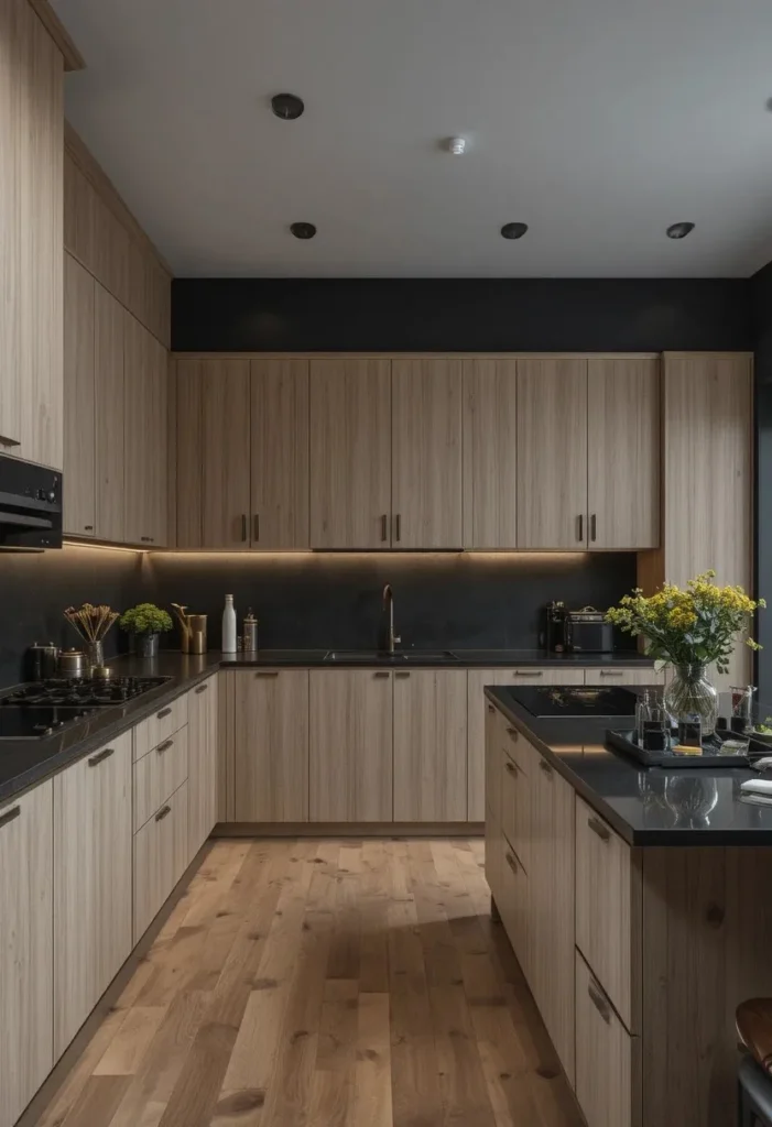 A transitional kitchen featuring classic shaker-style white oak cabinets, thin brushed brass bar pulls, white quartz countertops, marble backsplash, warm wood flooring, elegant pendant lights, clean timeless styling, photorealistic luxury interior photography, Pinterest vertical ratio.