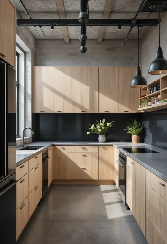 White oak kitchen cabinets paired with concrete countertops for a warm industrial design.
