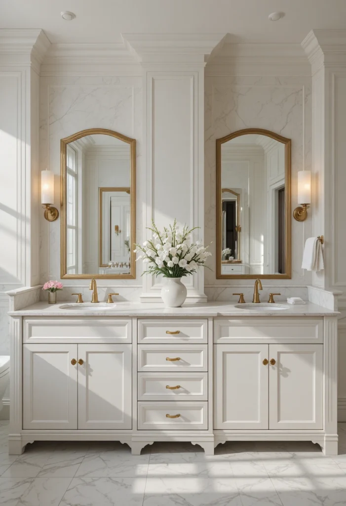 Double vanity with dual sinks and warm white cabinetry in a primary bathroom.