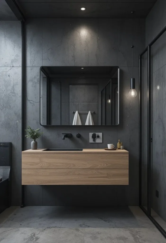 Industrial black bathroom featuring textured concrete walls and modern fixtures.