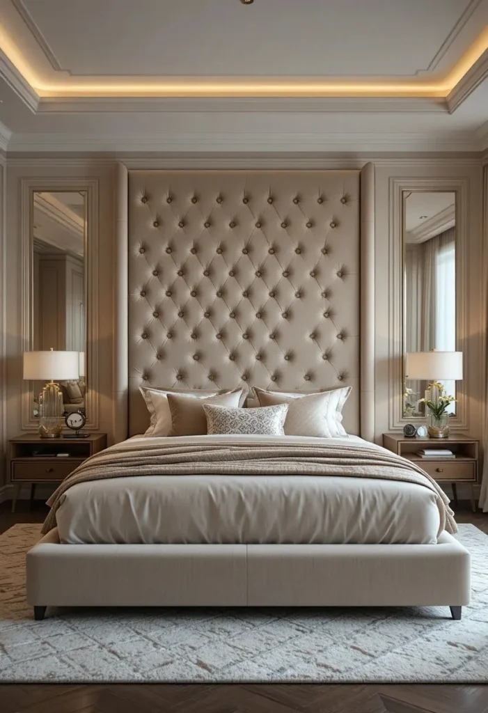 Master bedroom showcasing a large statement headboard as the focal point.