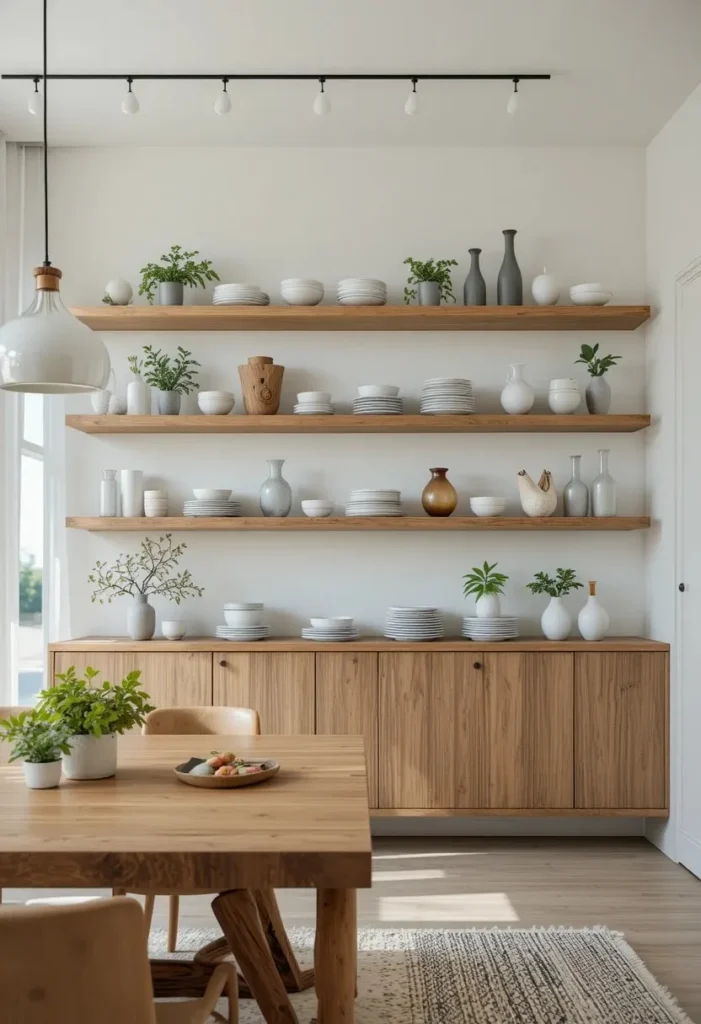 Dining room with open floating shelves displaying ceramics and greenery.