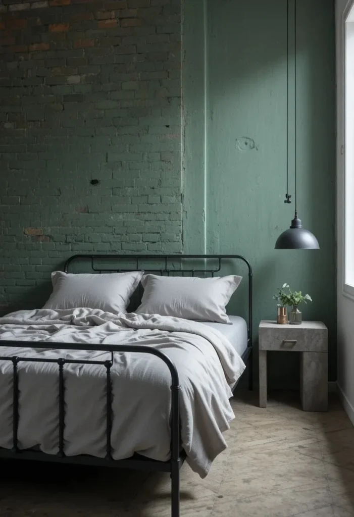 Green painted brick accent wall with industrial bedroom furnishings.