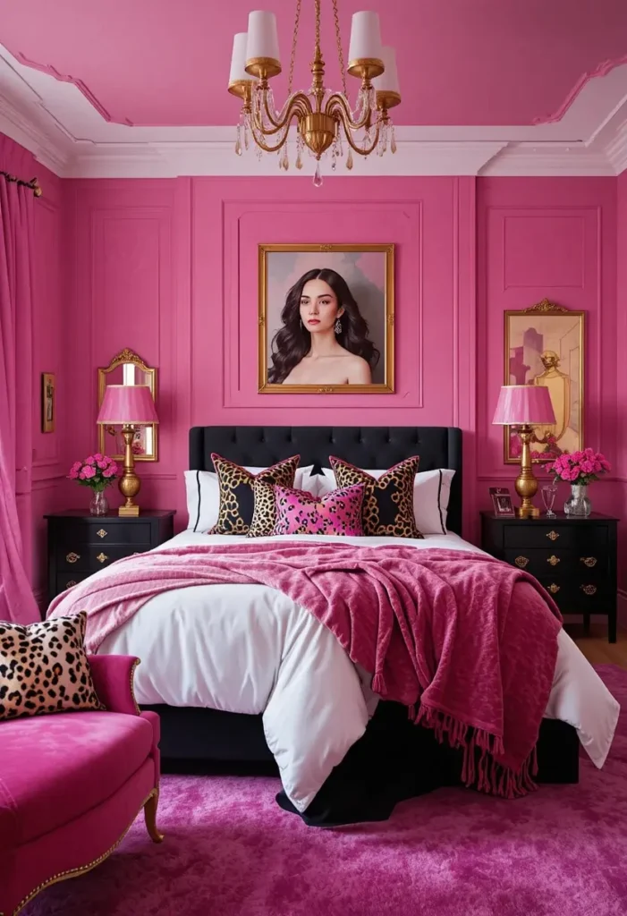 Maximalist pink and black bedroom featuring leopard print accents.