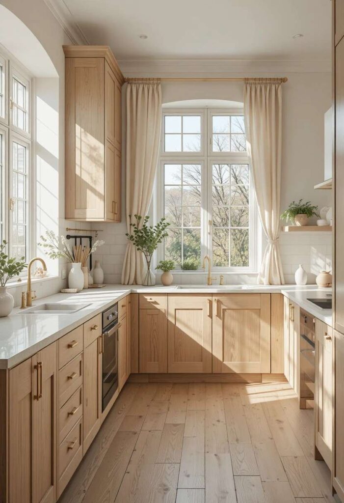 White oak kitchen cabinets paired with warm white walls creating a bright, cozy, and timeless kitchen.