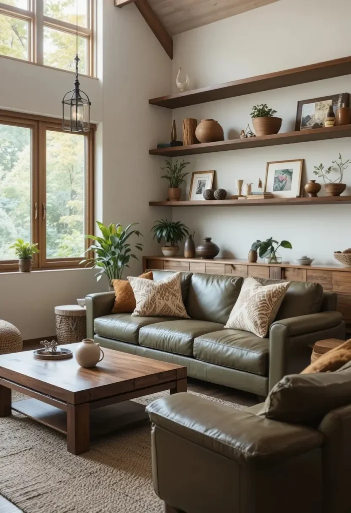 Green leather couch combined with warm wood furniture and natural textures.
