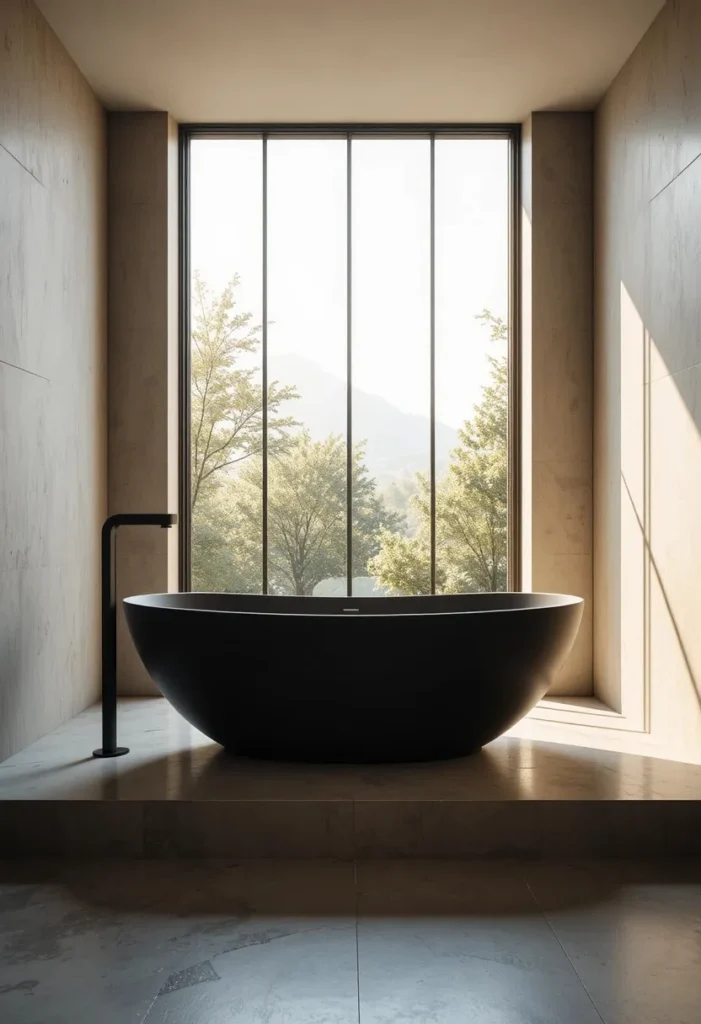 Luxury black freestanding bathtub creating a dramatic bathroom centerpiece.