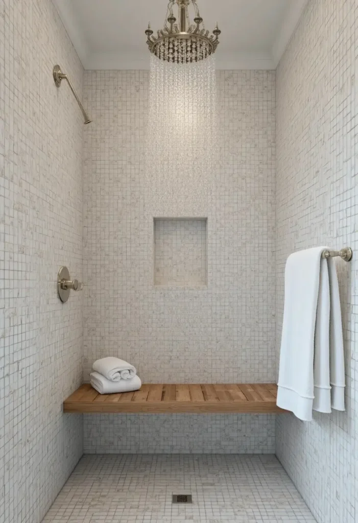 White mosaic tiled shower with spa-inspired luxury features