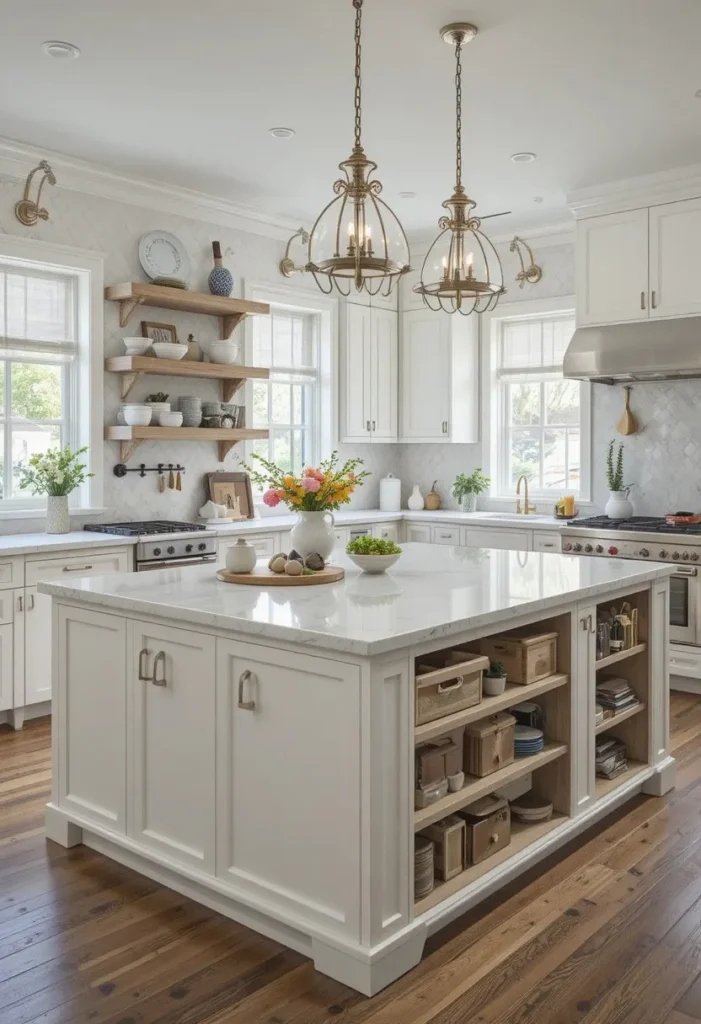 Kitchen island with deep storage drawers and shelves in a one wall kitchen.