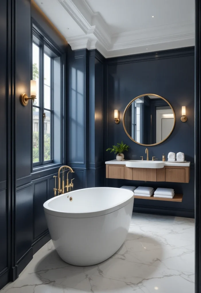 Matte navy blue bathroom walls with brass fixtures, white bathtub, and warm wood vanity for a luxurious spa-inspired space.
