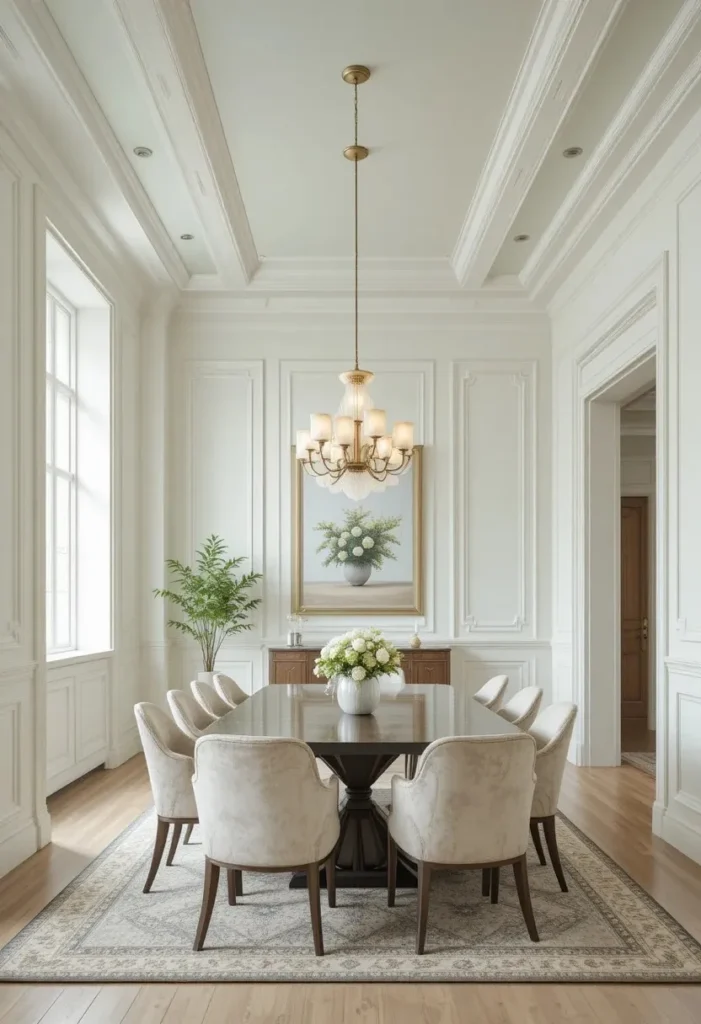 Modern dining room with a soft sage ceiling creating a unique design statement.