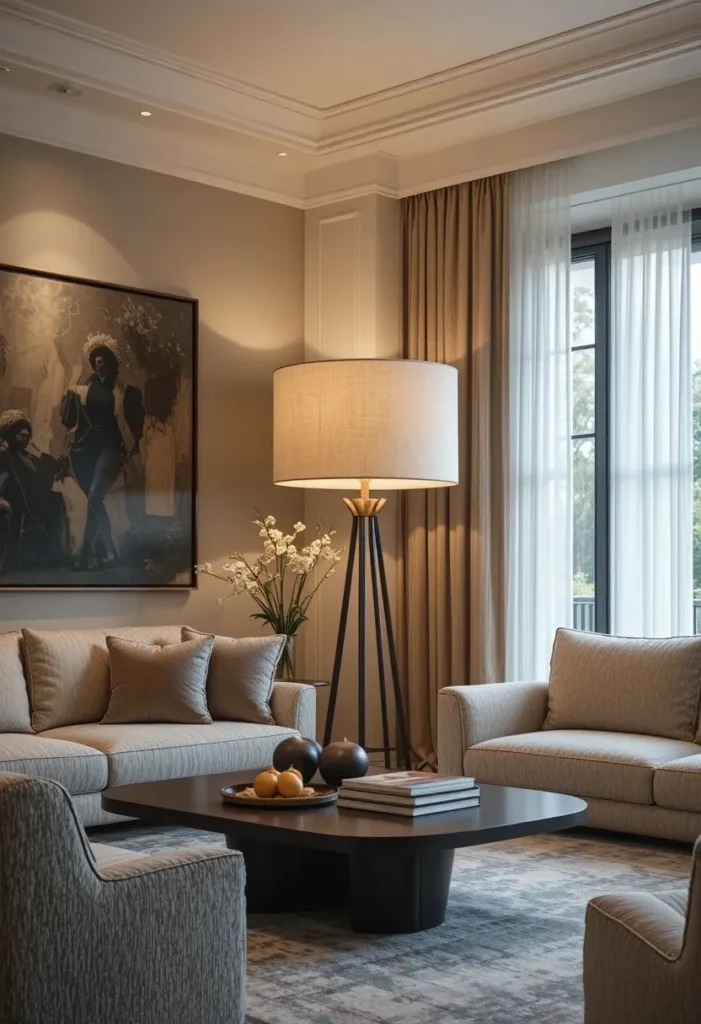 Large drum shade floor lamp creating a bold statement in a living room.