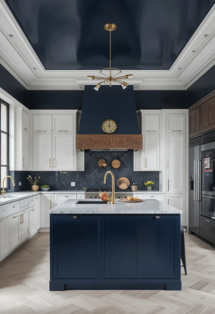Kitchen featuring a bold navy blue painted ceiling.