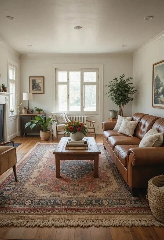 Vintage Persian rug layered in a farmhouse living room for warmth and texture.