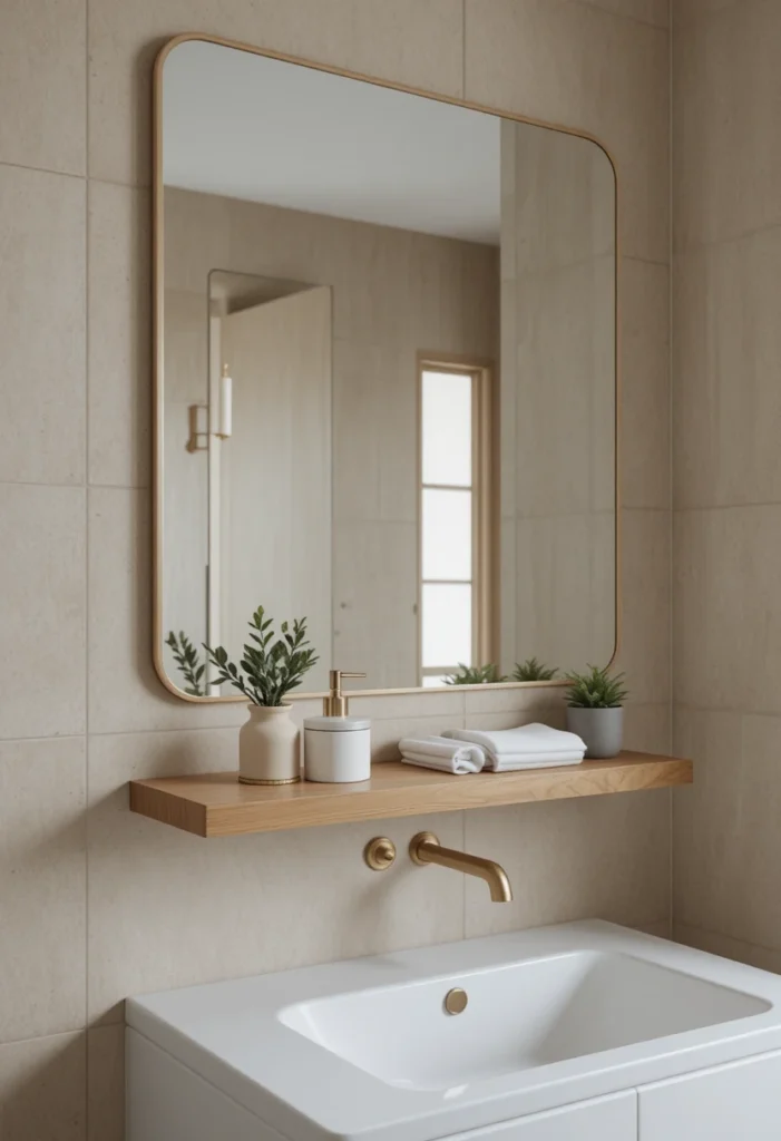 Bathroom mirror with a built-in wooden shelf displaying stylish everyday essentials above a floating vanity.