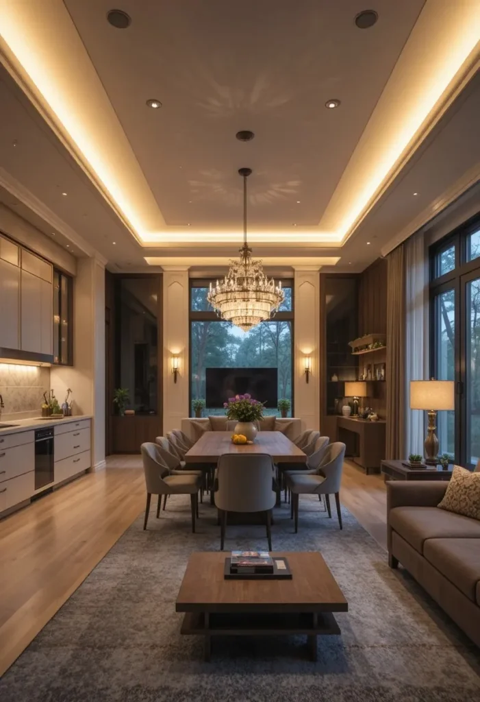 Separate lighting zones enhancing an open concept living room and kitchen.