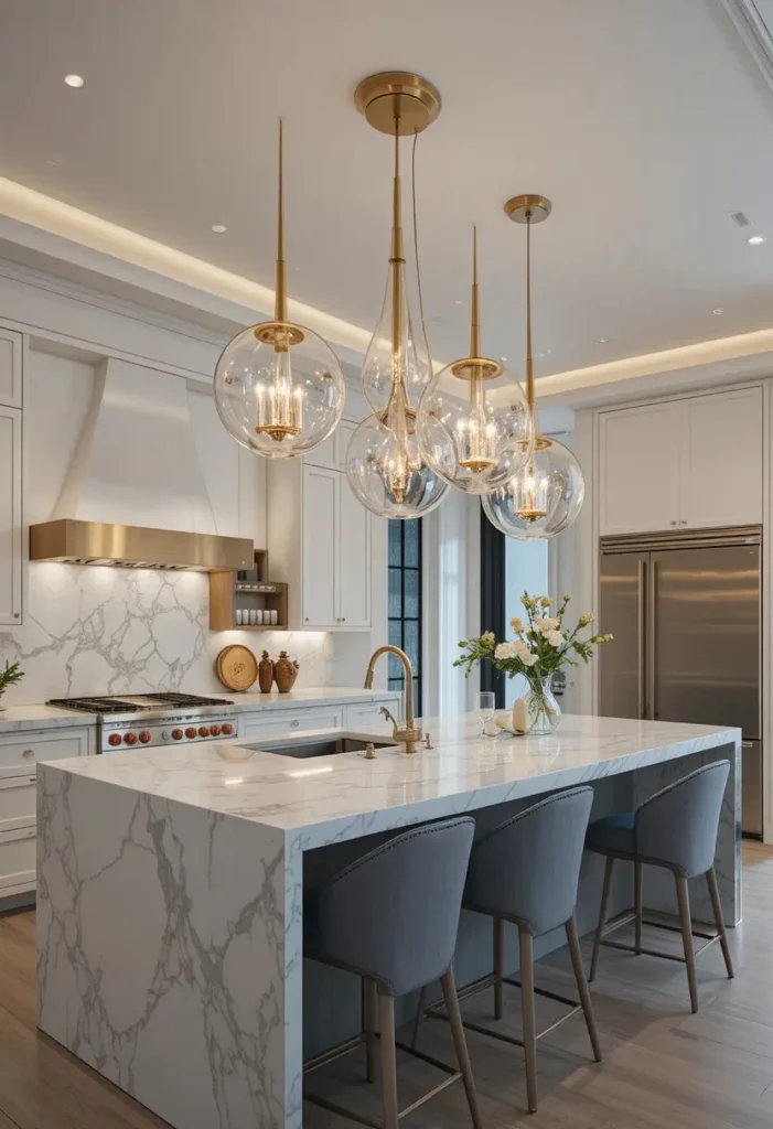 Kitchen ceiling highlighted by dramatic statement pendant lights.