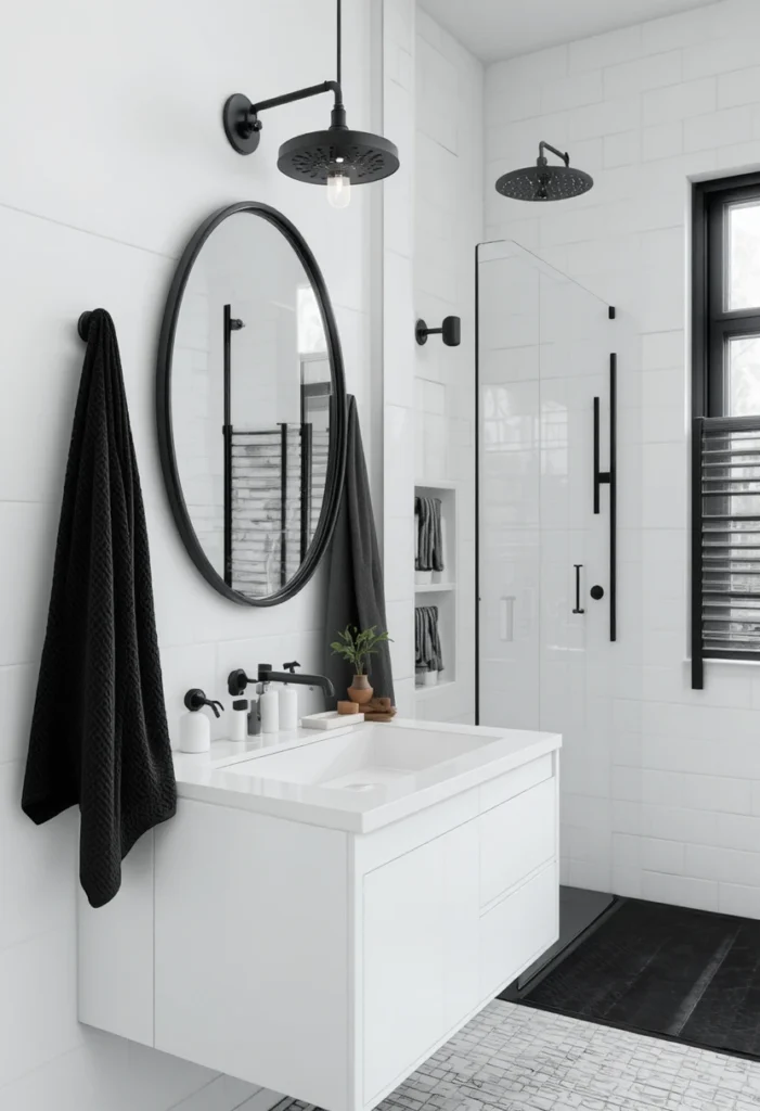 White bathroom with matte black fixtures creating bold modern contrast.