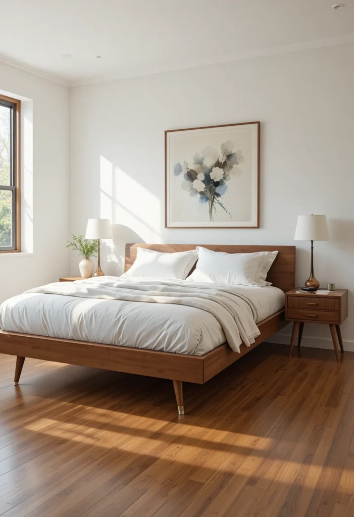 Walnut platform bed with tapered legs in a timeless mid century modern bedroom.
