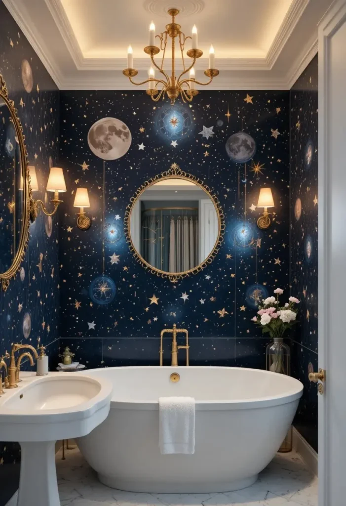 Celestial wallpaper with stars and moons creating a whimsical bathroom design.