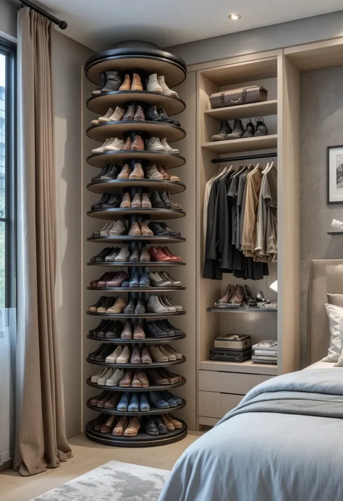 Rotating shoe tower storing many pairs of shoes in a compact footprint.