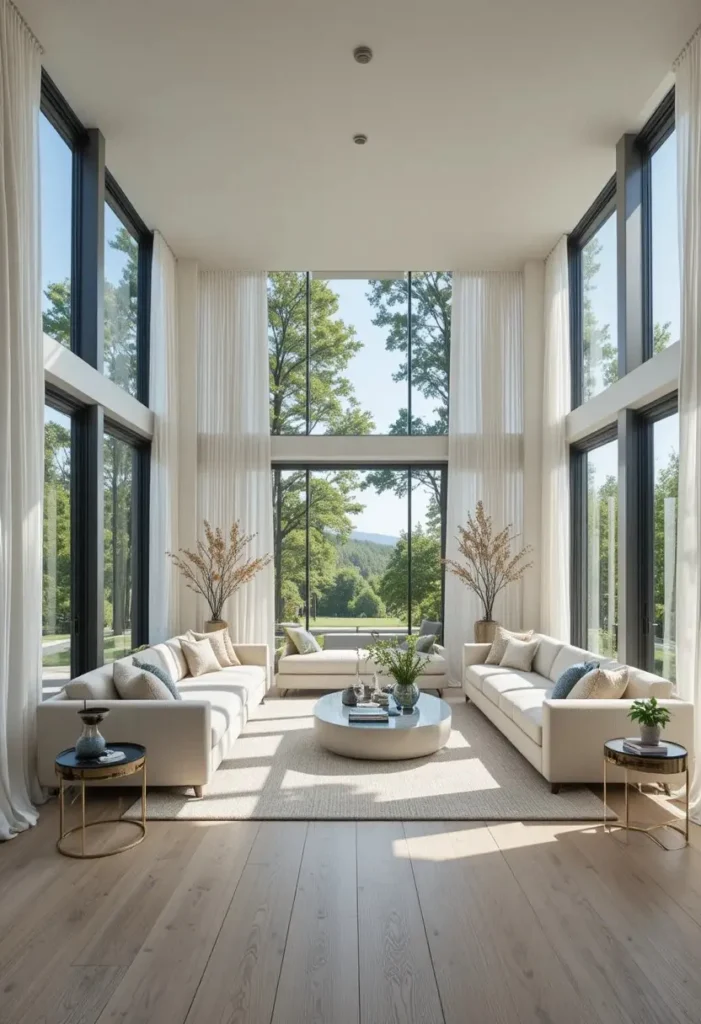 Bright sunken living room with floor-to-ceiling windows and beautiful outdoor views.