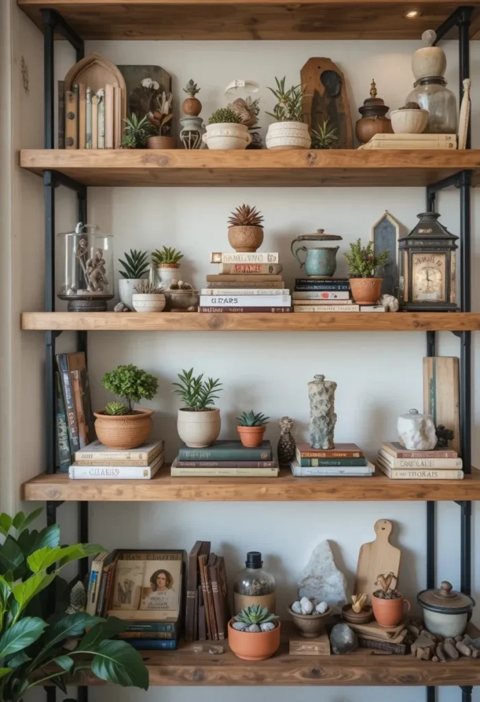 Open shelves decorated with collected bohemian treasures and plants.
