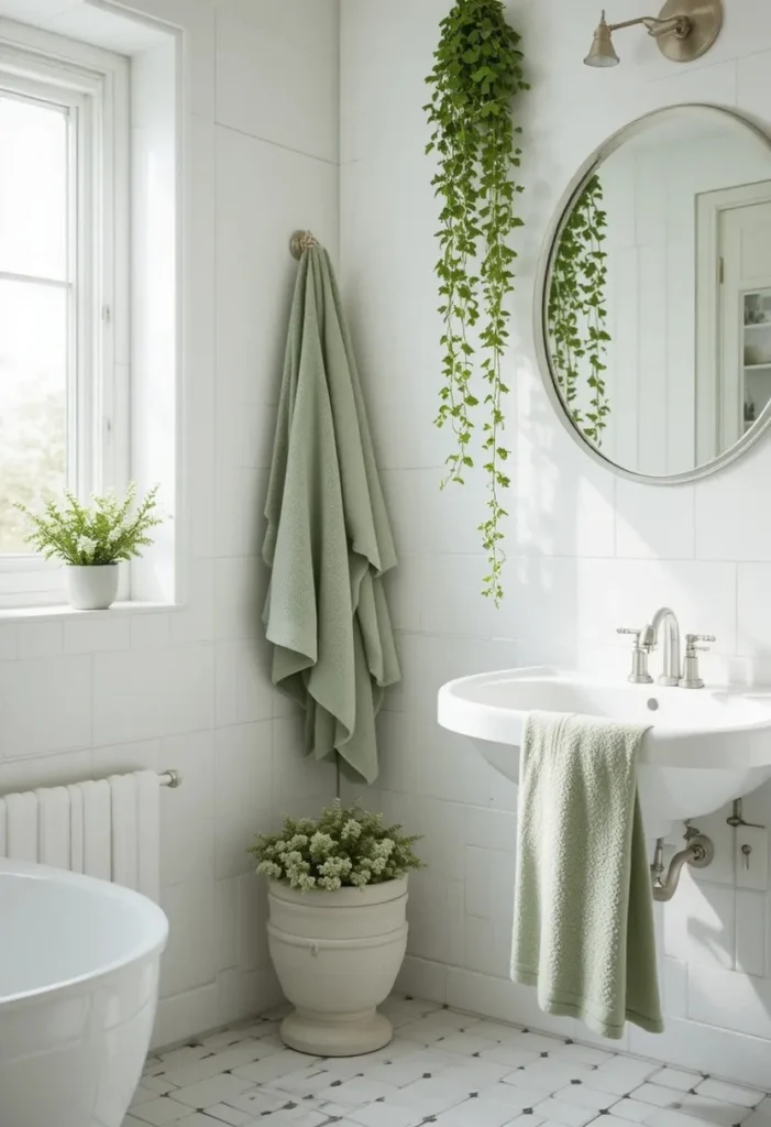 White bathroom decorated with sage green accents and plants