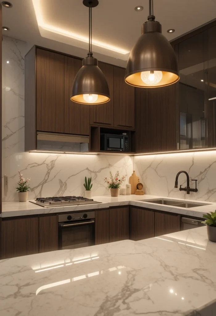 Well-lit small kitchen with layered lighting and illuminated workspaces.